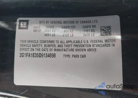 2013 Chevrolet Camaro 2Ls z USA, uszkodzony, nr VIN 2G1FA1E35D9134698